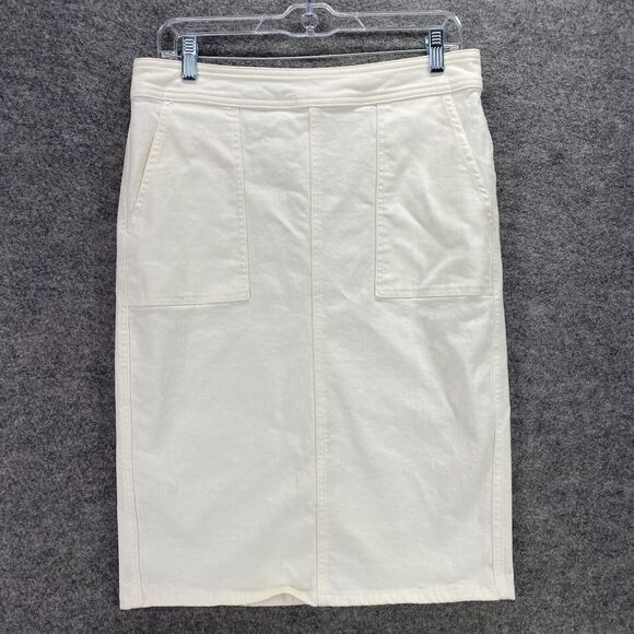 Lands' End Skirt Women 8 White A-Line Midi Mid Rise Zipper Cotton Pockets Denim - Picture 3 of 10